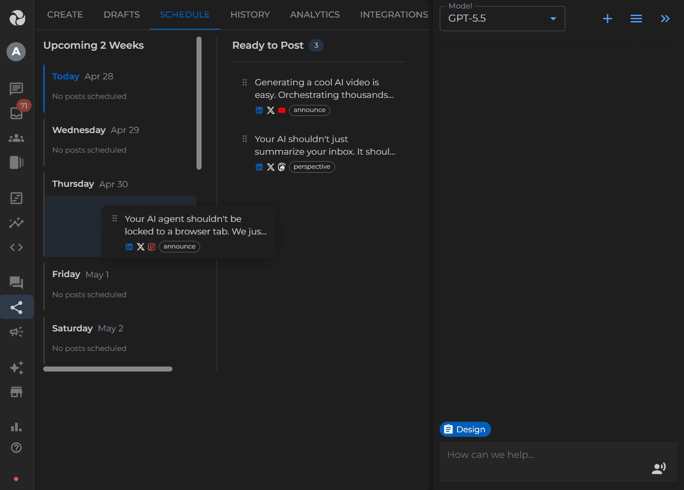 Calendar with drag-and-drop scheduling for posts across channels