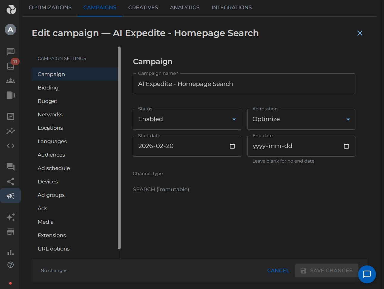 Campaign editor with Google-Ads-style configuration for targeting, budgets, and multi-channel distribution