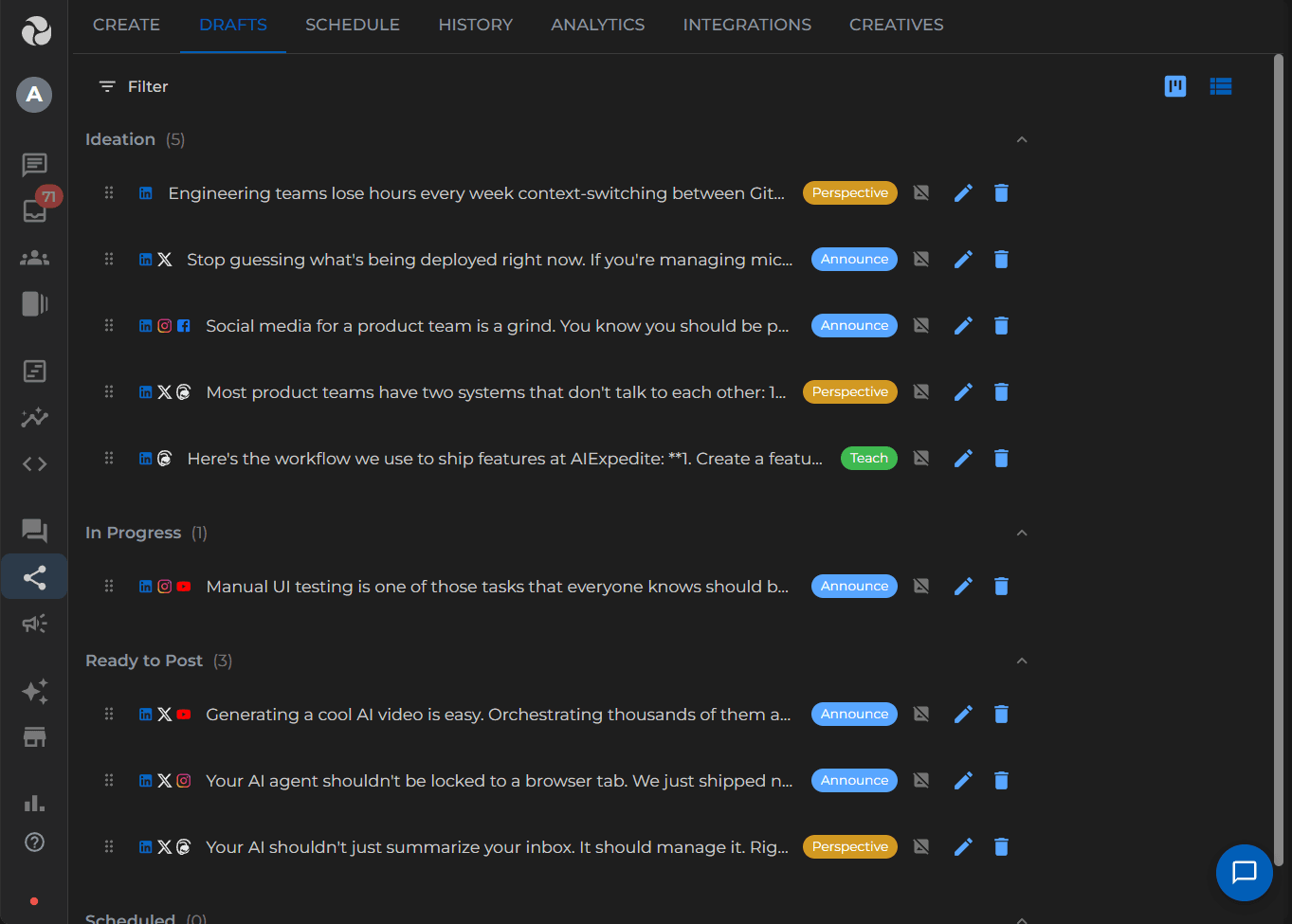 Drafts pipeline with Ideation, In Progress, and Ready to Post columns