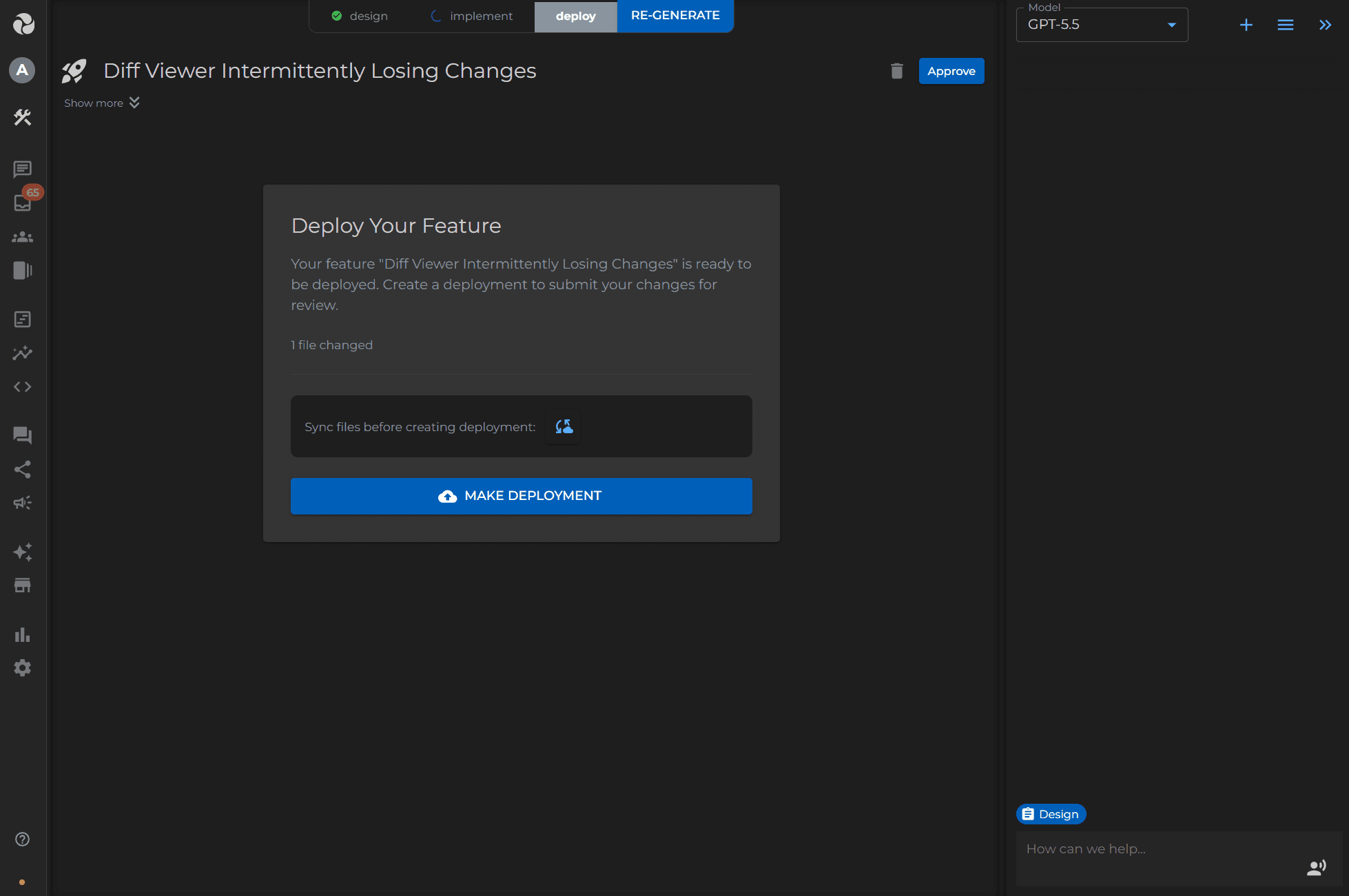 Deploy panel showing a finished feature ready for deployment with one click