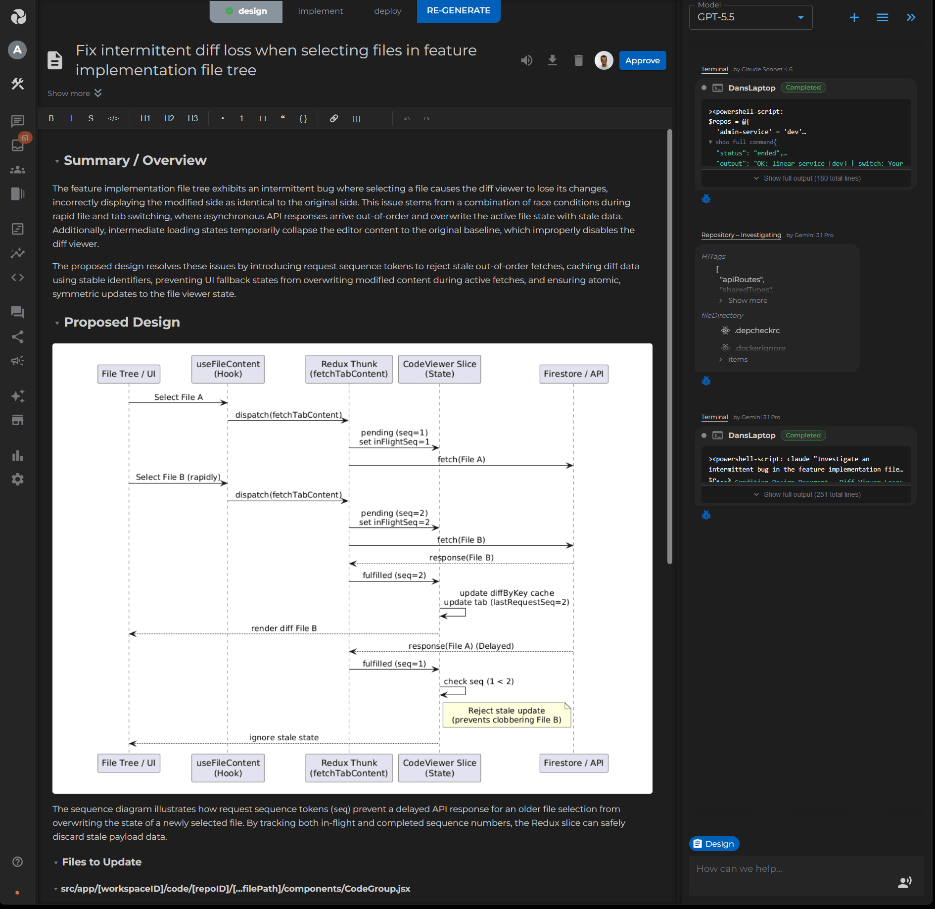 Design document with summary, proposed design, and a sequence diagram modeling a fix for an intermittent bug